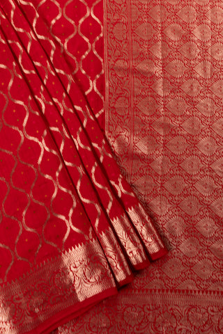 Red Silk saree in White Gold zari