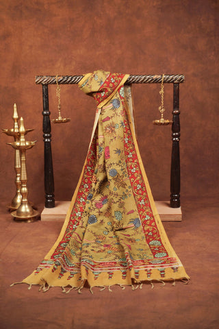 Olive green hand-painted Kalamkari dupatta with traditional floral and peacock motifs on Chinaya silk blend