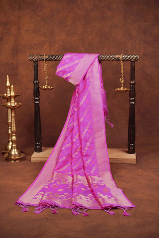Fuchsia pink Banarasi dupatta with diagonal gold zari leheriya, meenakari dots, diamond booti pallu and hand-knotted tassels
