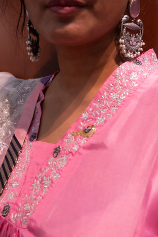 Valentine's Opulence: Rose Pink Pure Silk Suit with Zardozi and Organza Dupatta