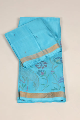 Aqua Blue Uppada Pure Silk Saree with Floral & Polka Dot Jamdani – Shop now for this Uppada silk saree online.