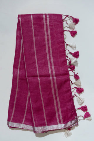 Magenta and Silver Pure Linen Saree