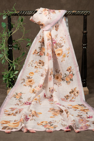 Floral linen dupatta with silver border	