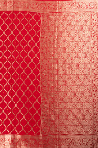 Red Silk saree in White Gold zari