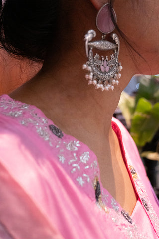 Oxidized Silver Peacock Earrings with Pearl Drops