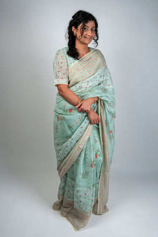 Aqua green Chanderi saree with floral and striped border