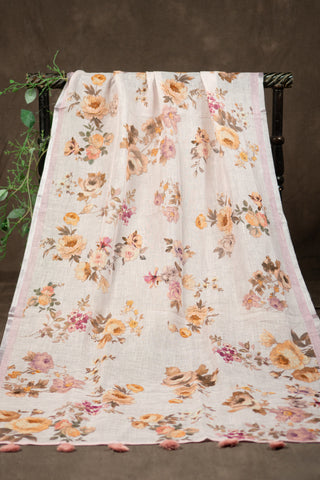 Floral linen dupatta with silver border	