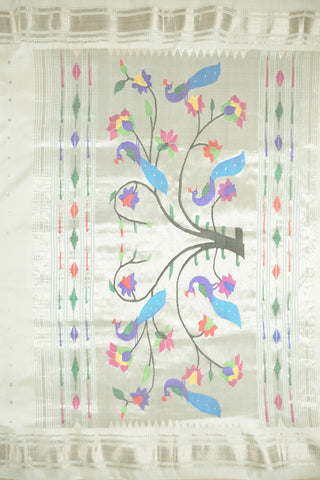 Off-white Paithani saree with silver zari stripes and a silver tissue pallu with a peacock and flower tree