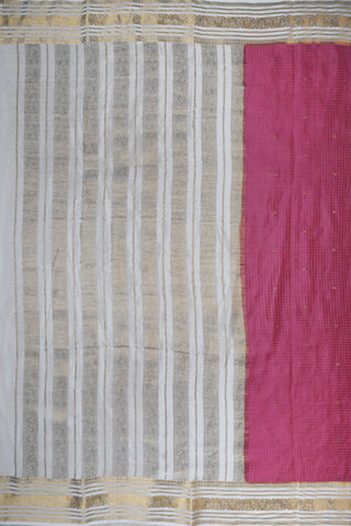 Pink crepe silk saree with fine gold checks, off-white paisley zari border and off-white striped pallu