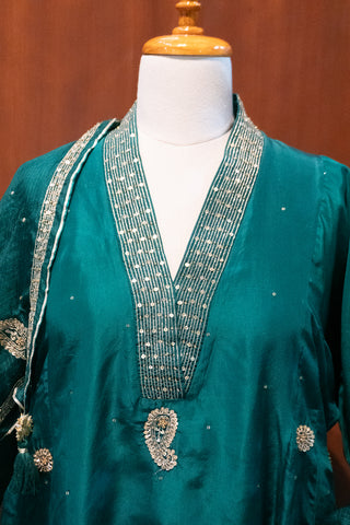 Elegant Teal Habutai Silk Kurta Pant Set with Zardozi & Sequin Work and Embroidered Kota Silk Dupatta