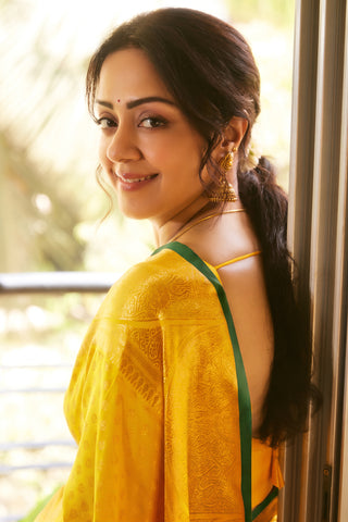 Jyotika's Yellow Kanjivaram Silk Saree with Self Weave Motifs and Green Trim Elegant Bridal Saree (Made to Order)