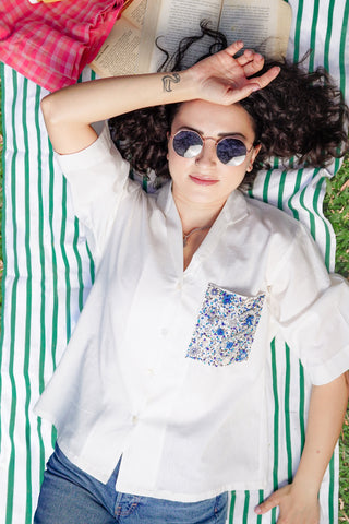 Relaxed fit white cotton boxy shirt | Artistic white cotton shirt with floral detailing