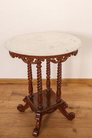 Marble top pedestal with carved teakwood twisted base