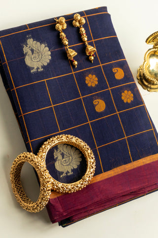 Navy Blue Chettinad Kattam Cotton Saree with Mango Yellow Checks and Peacock Motifs