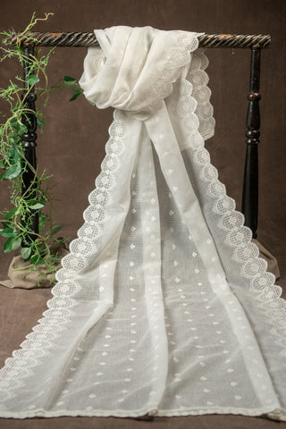 White Kota Doria dupatta with scalloped cutwork embroidery border