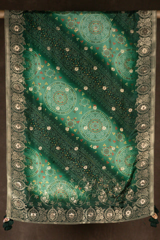 Green ombre Banarasi Dola silk dupatta with digital Bandhani and tassels