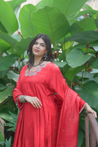 Crimson Red Modal Satin Silk Tanjore Suit with Elaborate Hand Embroidered Zardozi