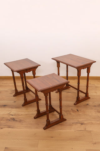 Solid teakwood trio nesting tables with turned legs