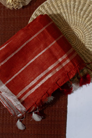 Red and Silver Pure Linen Saree