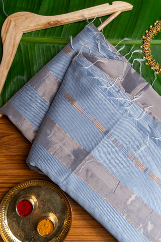 Silver Grey Lavender Border Zari Striped Maheshwari Saree