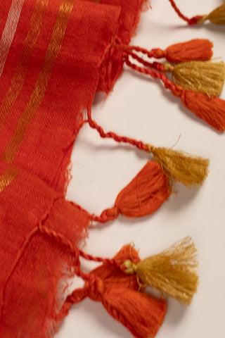 rust orange pure linen saree with gold zari border and geometric linear pallu handcrafted saree from Madhurya