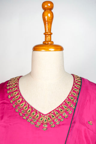 Bright Pink Tanjore Modal Silk Suit with Pant and Dupatta Featuring Hand Embroidered Zardozi and Stone Work