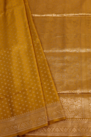 Marigold Yellow Banarsi Silk Saree with floral buttas and zari border