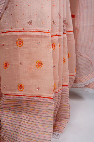 Light peach Chanderi saree with sequins and striped border