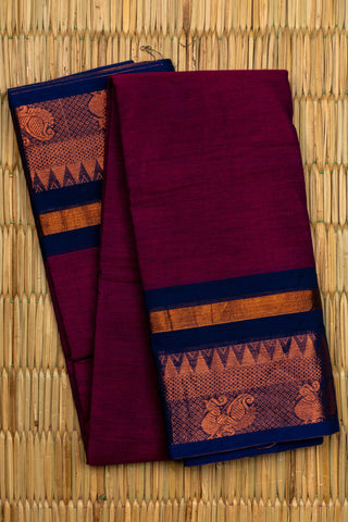 Wine Maroon Chettinad Cotton Saree with Temple and Peacock Design Border