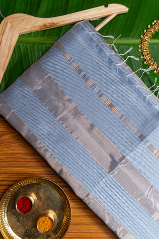 Silver Grey Lavender Border Zari Striped Maheshwari Saree