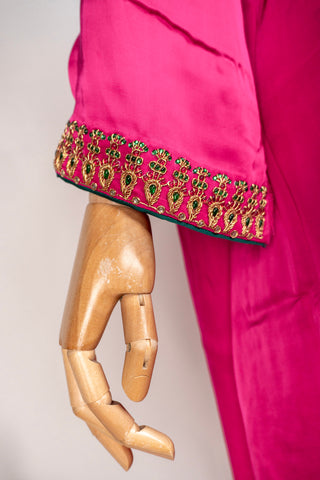Bright Pink Tanjore Modal Silk Suit with Pant and Dupatta Featuring Hand Embroidered Zardozi and Stone Work