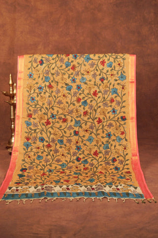 Golden beige hand-painted Kalamkari dupatta in Chinaya silk blend with floral creepers and Nandi motif border