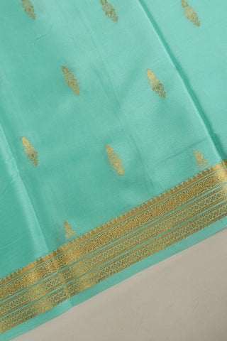 Elegant Sea Green Mysore Silk Saree with Gold Zari Border and Buttas