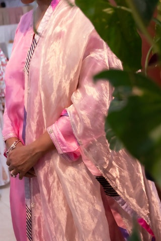 Valentine's Radiance: Rose Pink Hand Zardozi Silk Suit with Organza Dupatta