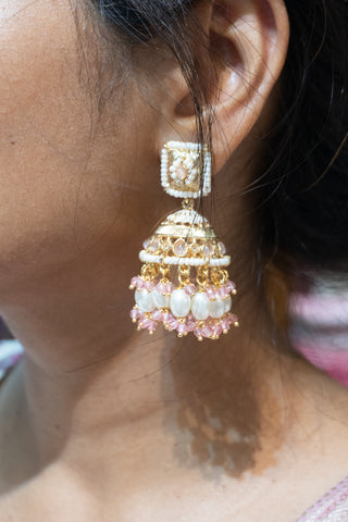 Elegant Gold and Pink Plated Pearl Jhumkas