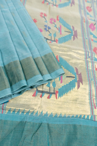 Blue and Cream Cotton Paithani Saree with floral vase motifs