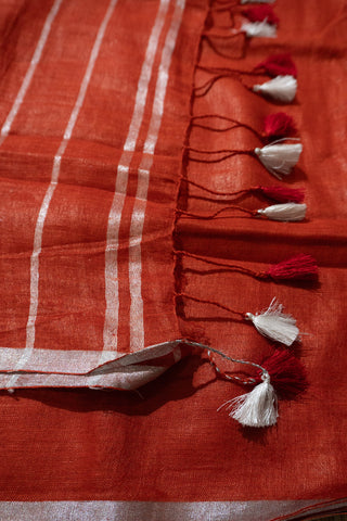 Red and Silver Pure Linen Saree