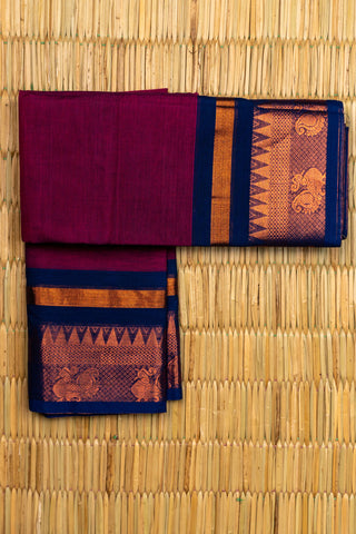 Wine Maroon Chettinad Cotton Saree with Temple and Peacock Design Border