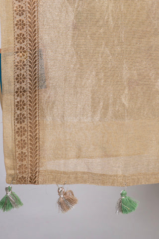 champagne soft linen tissue saree with digital heritage art and bird prints handcrafted saree from Madhurya	