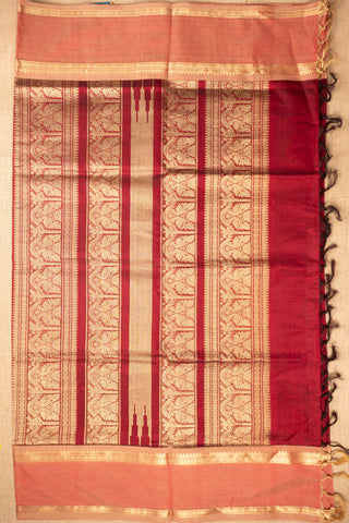 maroon handwoven silk cotton saree with lion buttas and temple border handcrafted saree from Madhurya