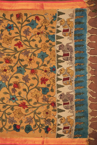 Golden beige hand-painted Kalamkari dupatta in Chinaya silk blend with floral creepers and Nandi motif border