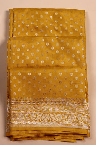Marigold Yellow Banarsi Silk Saree with floral buttas and zari border