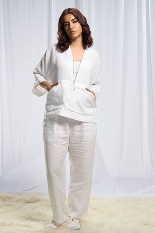 Oversized white linen top with zipper neckline