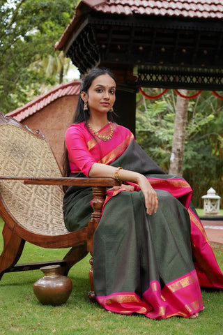 Bottle Green Gold Check Kanjivaram Pure Silk Saree with Rani Pink Elephant Peacock Border and Heavy Brocade Pallu