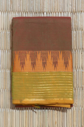 Green and Red Chettinad Cotton Saree with Lime Border and Temple Motifs
