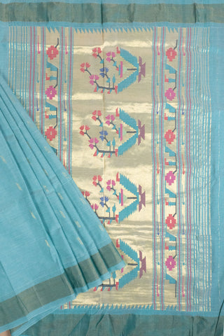 Blue and Cream Cotton Paithani Saree with floral vase motifs