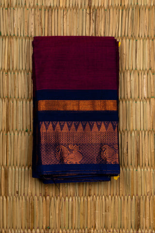 Wine Maroon Chettinad Cotton Saree with Temple and Peacock Design Border