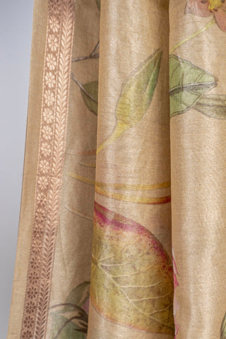 champagne soft linen tissue saree with digital heritage art and bird prints handcrafted saree from Madhurya	