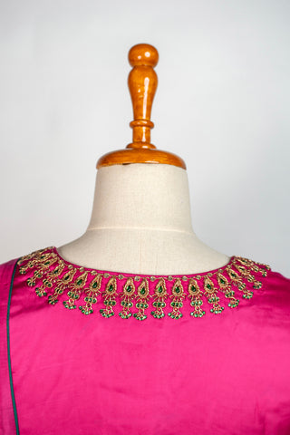 Bright Pink Tanjore Modal Silk Suit with Pant and Dupatta Featuring Hand Embroidered Zardozi and Stone Work