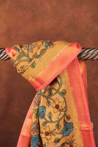 Golden beige hand-painted Kalamkari dupatta in Chinaya silk blend with floral creepers and Nandi motif border